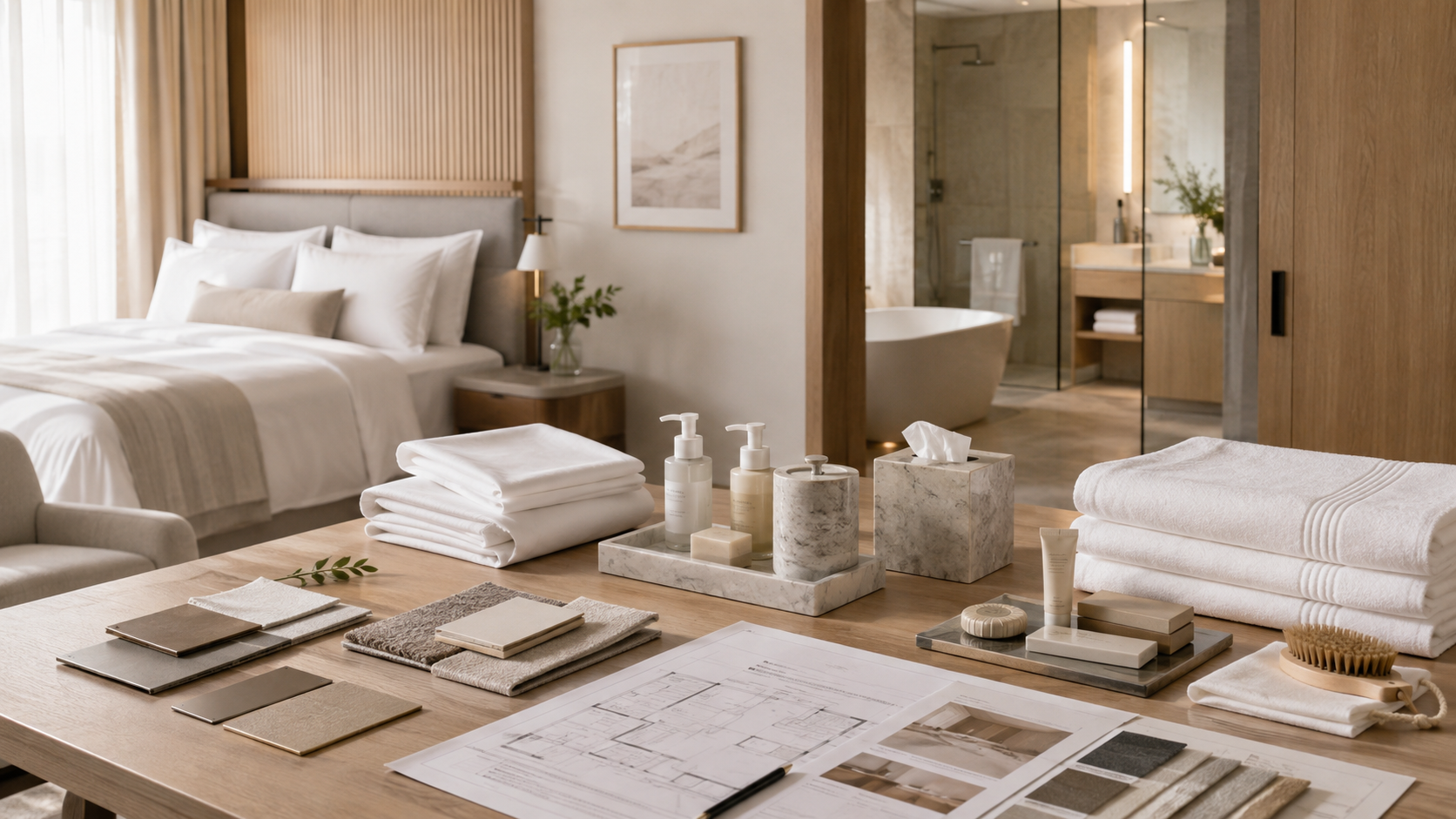 Hospitality sourcing materials and hotel product categories arranged in a refined project setting