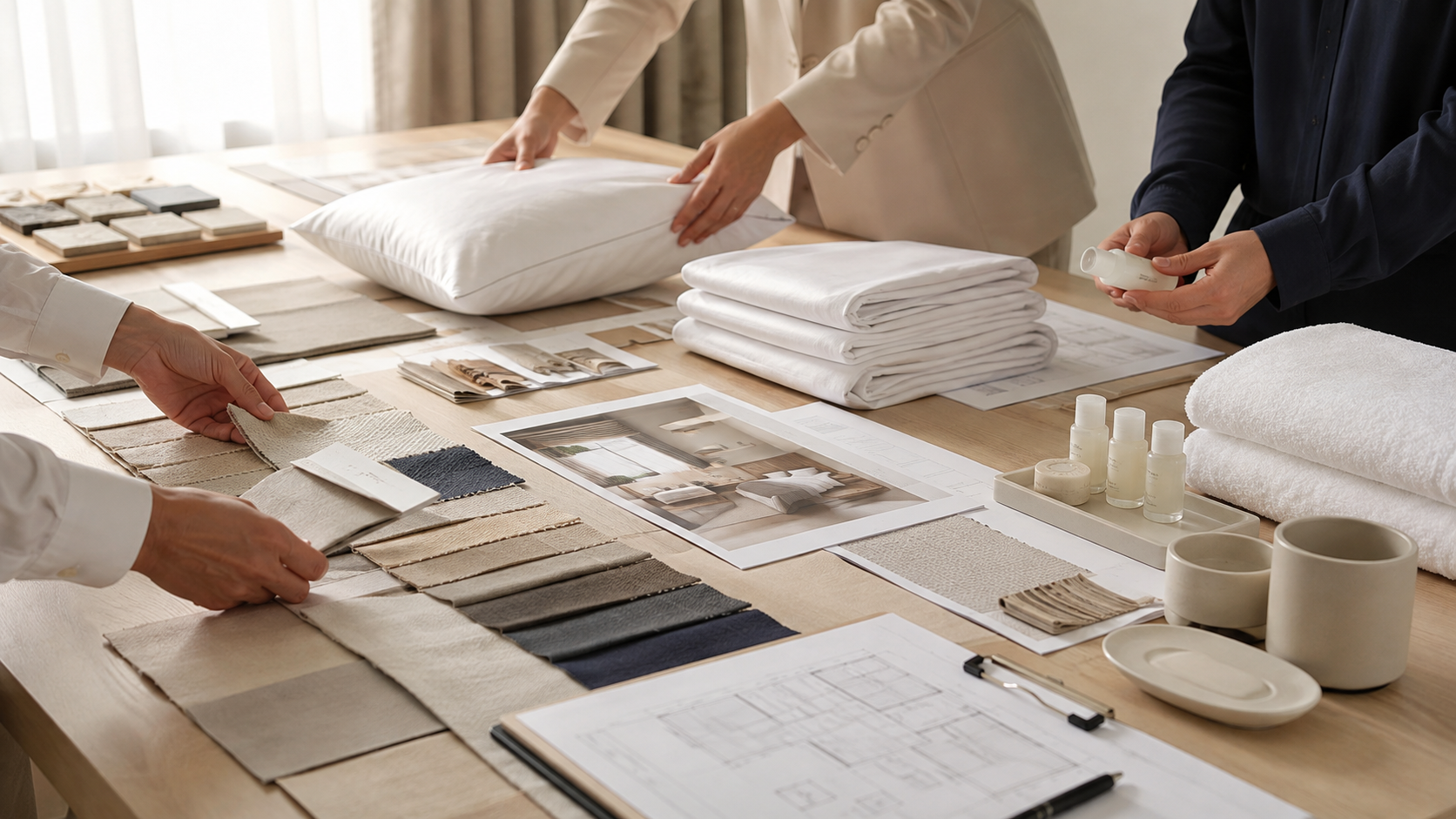 Hospitality sourcing workflow with product samples and planning documents arranged on a project table