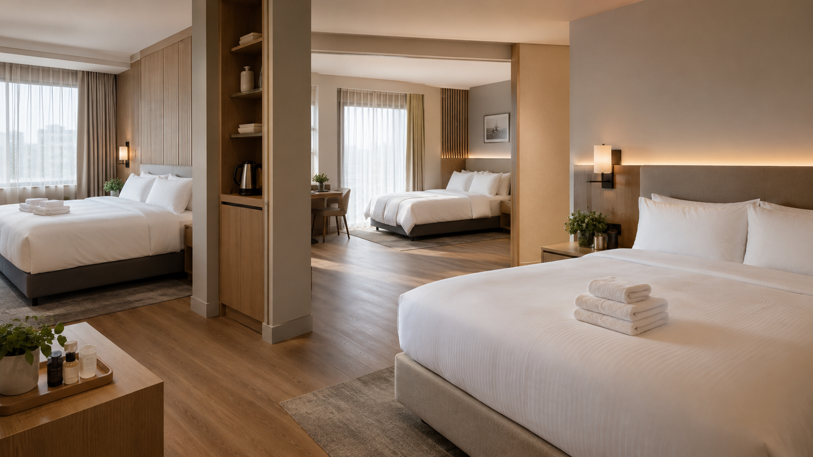 Coordinated hospitality guest room environments representing long-term supply partnership