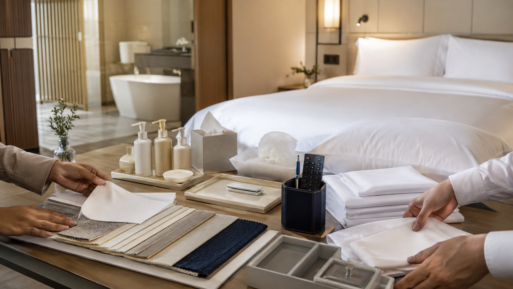 Hotel product samples and hospitality sourcing materials reviewed in a coordinated planning scene