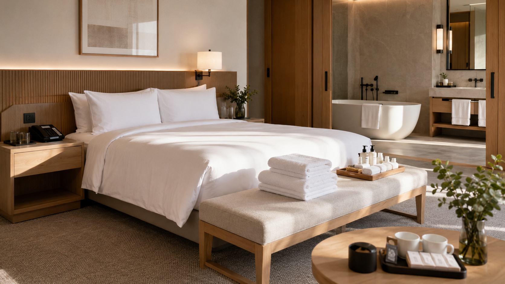 Hotel bedding, towels, guest amenities and room accessories arranged in a hospitality brand setting